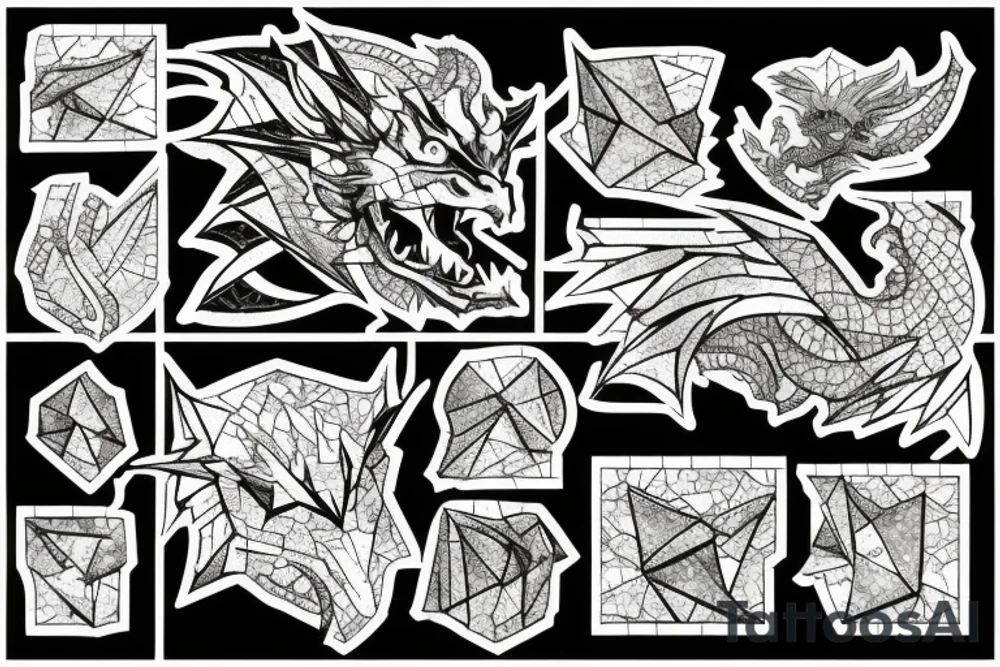 Broken Glas pieces with rough edges formed into a mosaic in form of a dragon tattoo idea