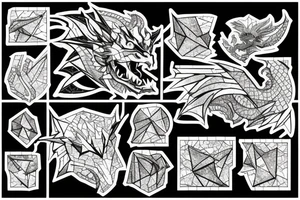 Broken Glas pieces with rough edges formed into a mosaic in form of a dragon tattoo idea