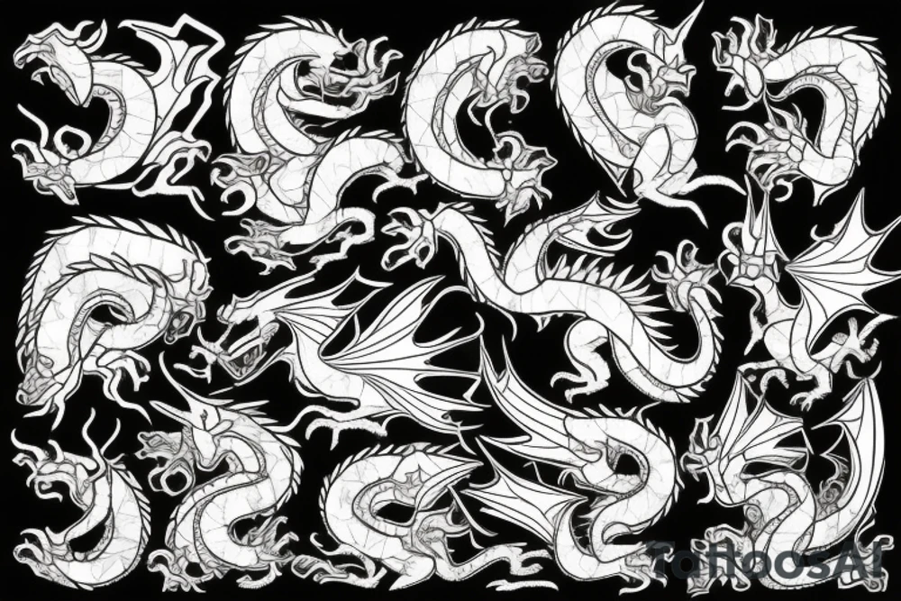 Broken Glas pieces with rough edges formed into a mosaic in form of a dragon tattoo idea