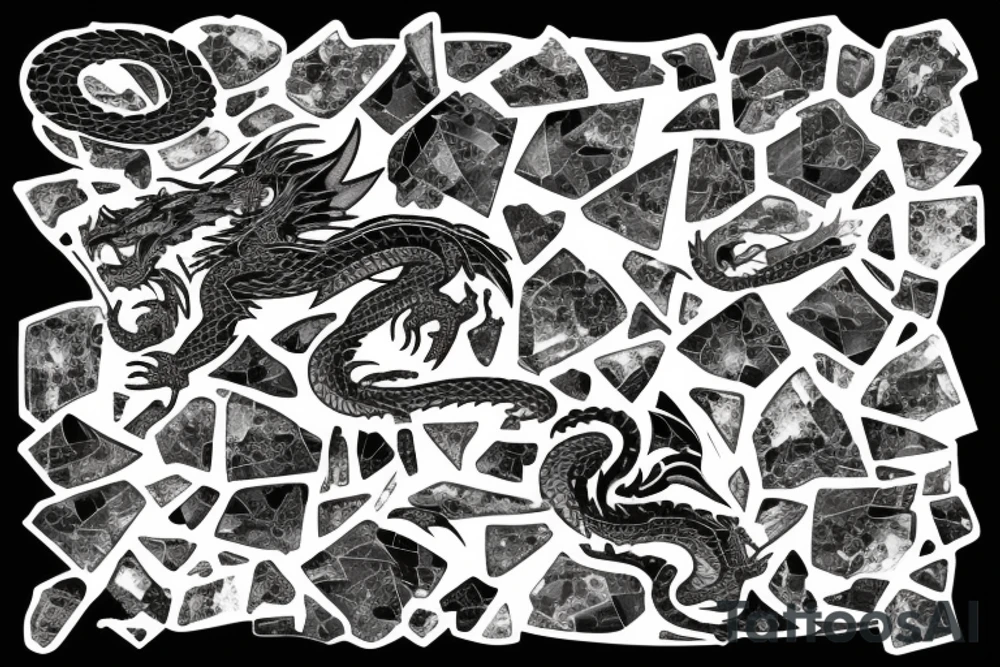 Broken Glas pieces with rough edges formed into a mosaic in form of a dragon tattoo idea