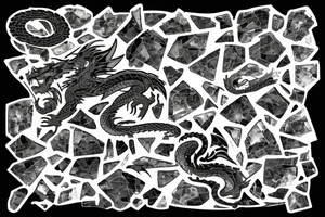 Broken Glas pieces with rough edges formed into a mosaic in form of a dragon tattoo idea