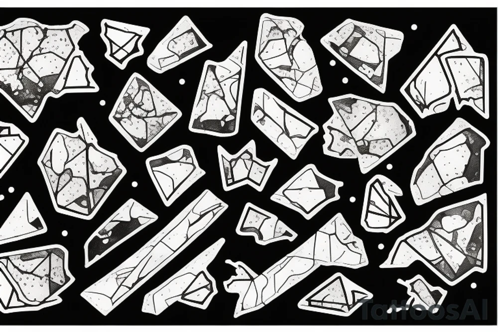 Broken Glas pieces with rough edges and melting metal tattoo idea