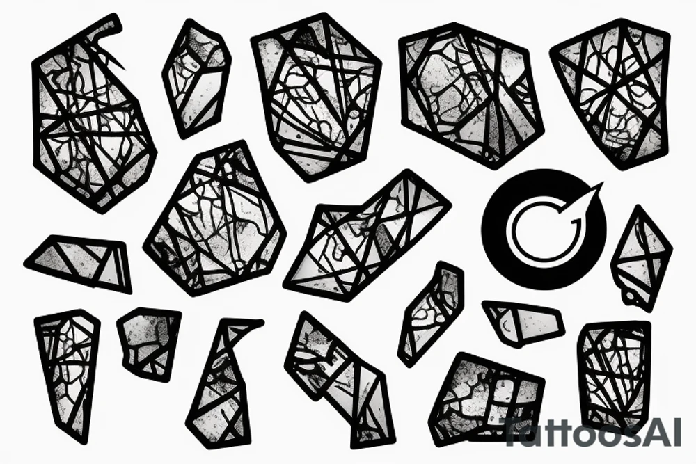 Broken Glas pieces with rough edges and melting metal tattoo idea