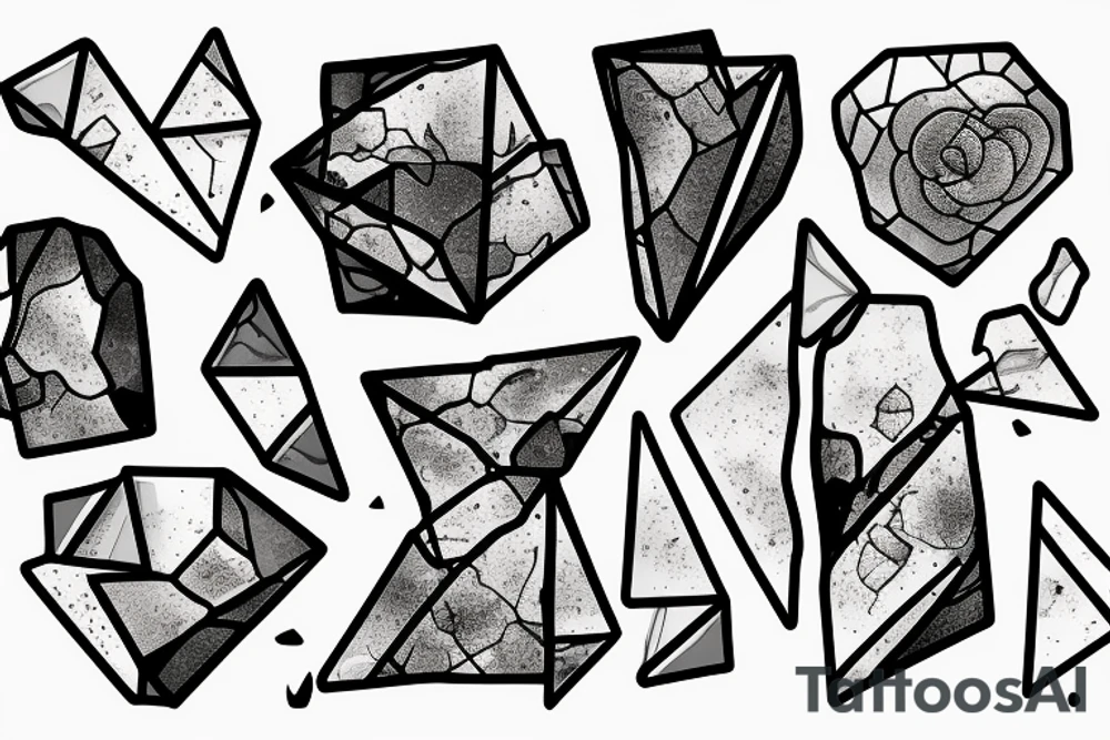 Broken Glas pieces with rough edges and melting flowing metal which burns of the heat. Also triangles and circles tattoo idea