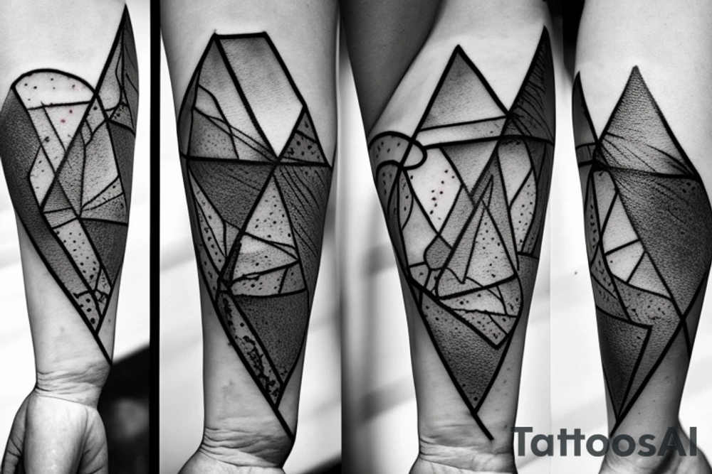 Broken Glas pieces with rough edges and melting flowing metal which burns of the heat. Also triangles and circles tattoo idea
