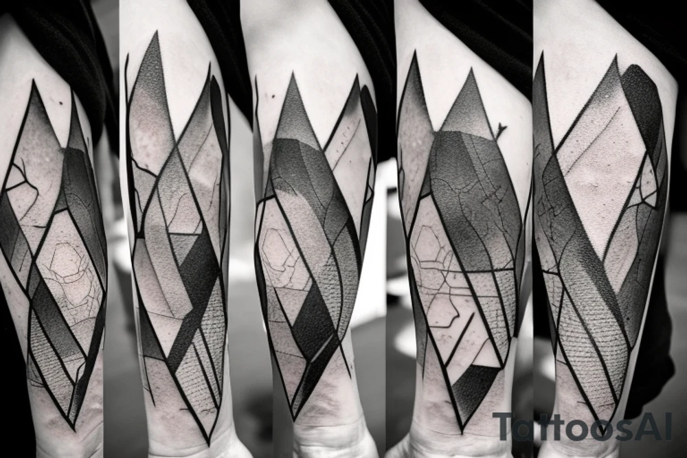 Broken Glas pieces with rough edges and melting flowing metal which burns of the heat. Also triangles and circles tattoo idea