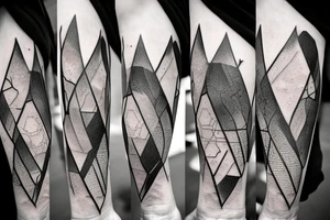Broken Glas pieces with rough edges and melting flowing metal which burns of the heat. Also triangles and circles tattoo idea
