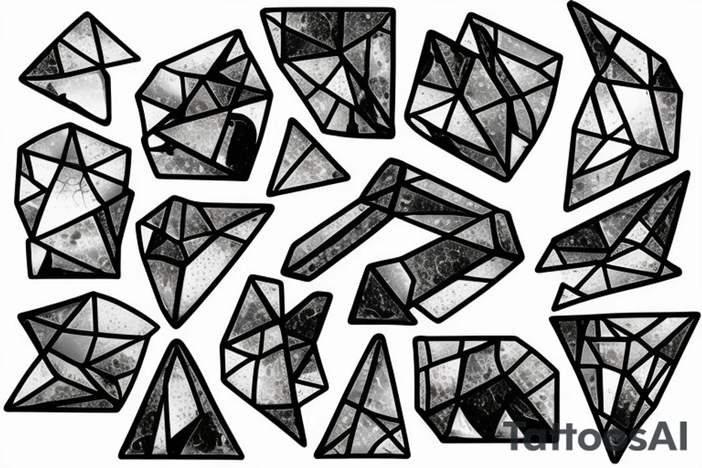 Broken Glas pieces with rough edges and melting flowing metal which burns of the heat. Also triangles and circles tattoo idea