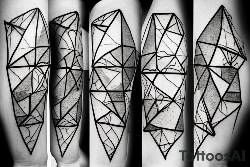 Broken Glas pieces with rough edges and melting flowing metal which burns of the heat, which looks like honey. Also triangles and circles tattoo idea