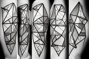 Broken Glas pieces with rough edges and melting flowing metal which burns of the heat, which looks like honey. Also triangles and circles tattoo idea