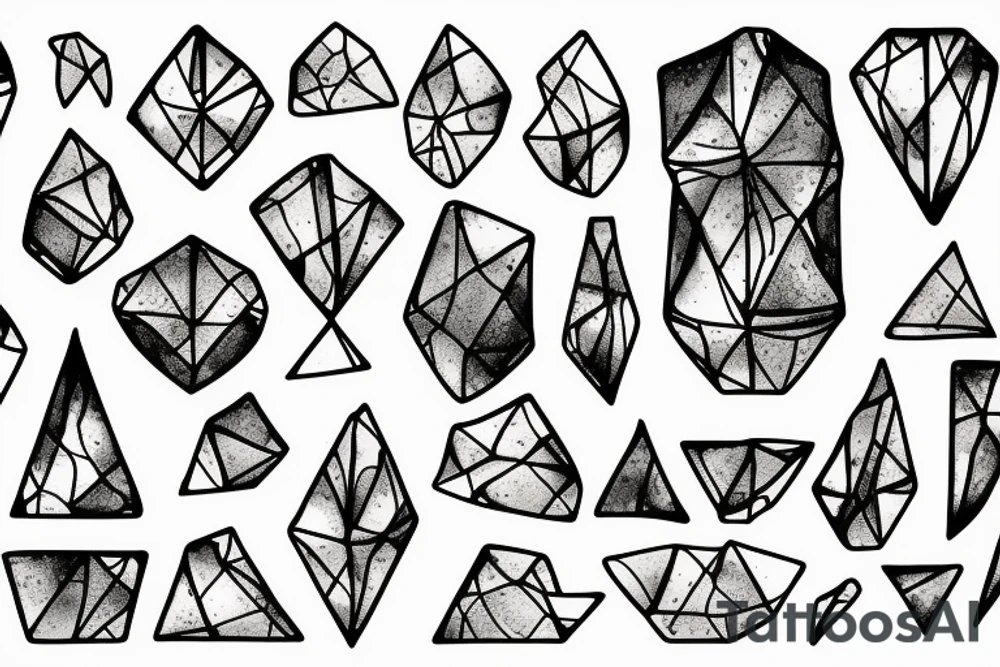 Broken Glas pieces with rough edges and melting flowing metal which burns of the heat, which looks like honey. Also triangles and circles tattoo idea