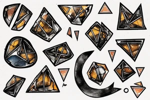 Broken Glas pieces with rough edges and melting flowing metal which burns of the heat, which looks like honey. Also triangles and circles tattoo idea