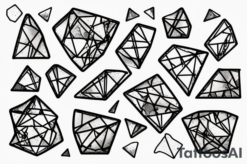 Broken Glas pieces with rough edges and melting flowing metal which burns of the heat, which looks like honey. Also triangles and circles tattoo idea