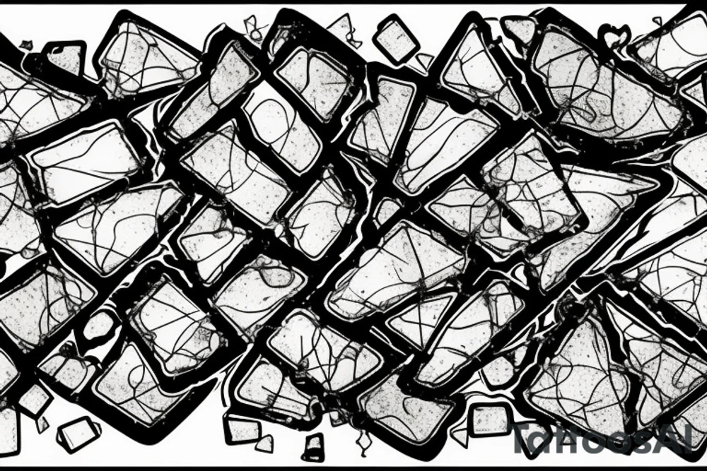 Broken Glas pieces with rough edges and melting flowing metal which burns of the heat, which looks like honey. Also triangles and circles tattoo idea