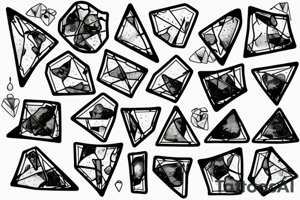 Broken Glas pieces with rough edges and melting flowing metal which burns of the heat, which looks like honey. Also triangles and circles tattoo idea