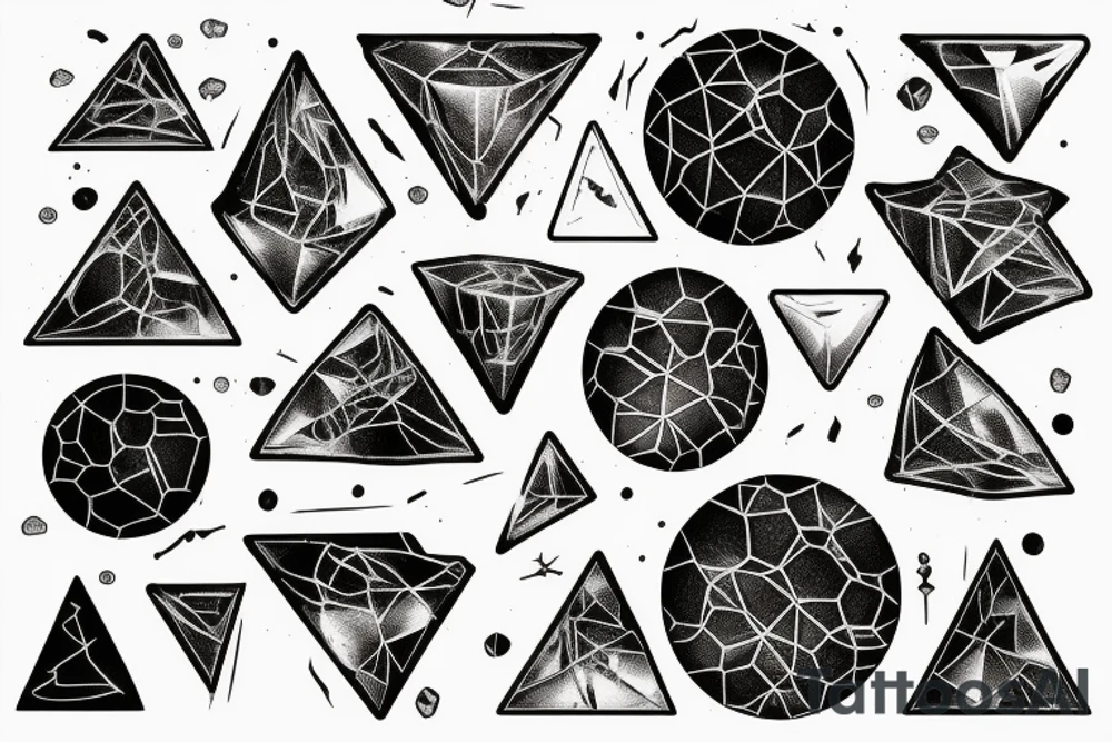 Broken Glas pieces with rough edges and melting flowing metal which burns of the heat, which looks like honey. Also triangles and circles tattoo idea