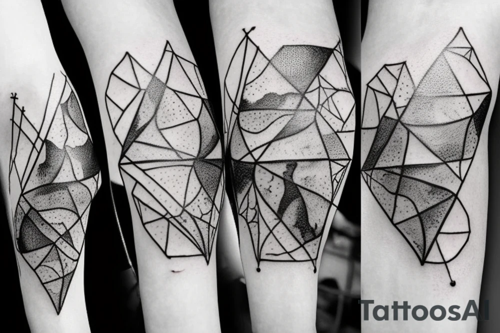 Broken Glas pieces with rough edges and melting flowing metal which burns of the heat, which looks like honey. Also triangles and circles which are deformed by the heat and the edges seem to melt but everything connected tattoo idea
