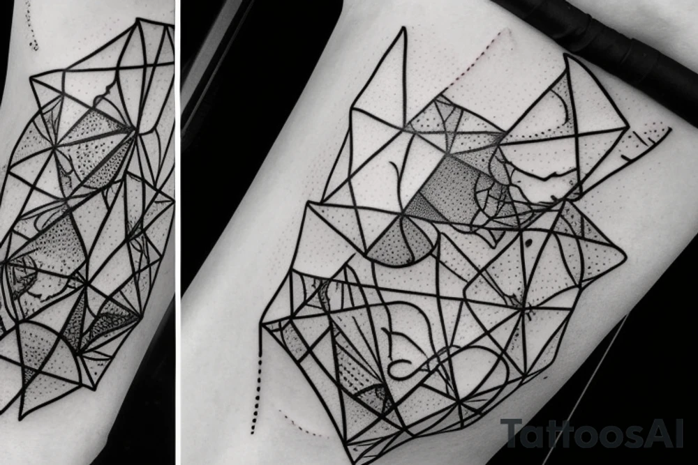 Broken Glas pieces with rough edges and melting flowing metal which burns of the heat, which looks like honey. Also triangles and circles which are deformed by the heat and the edges seem to melt but everything connected tattoo idea