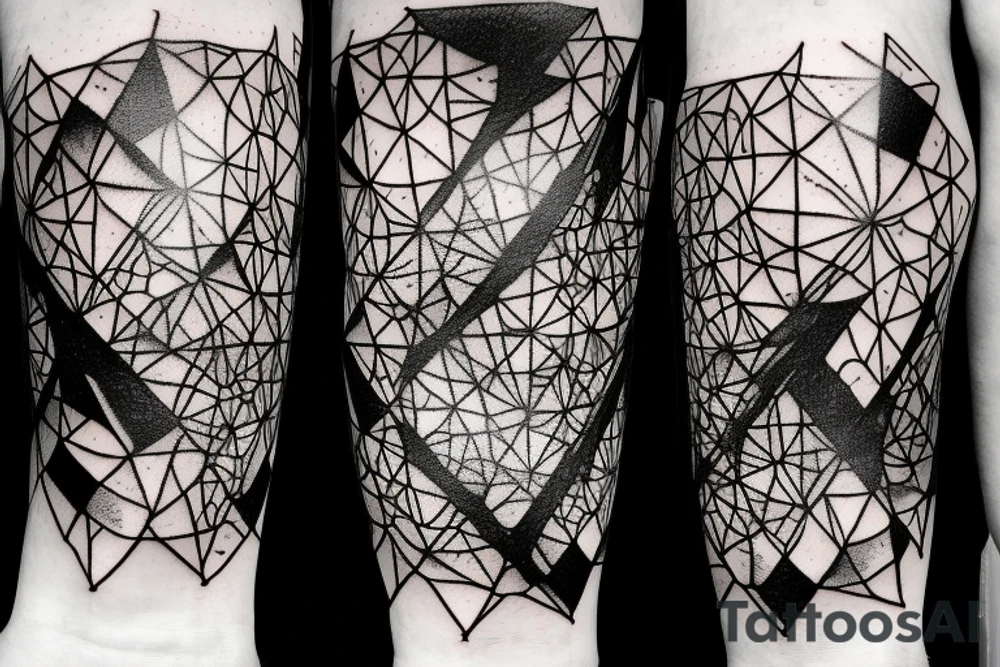 Broken Glas pieces with rough edges and melting flowing metal which burns of the heat, which looks like honey. Also triangles and circles which are deformed by the heat and the edges seem to melt but everything connected tattoo idea