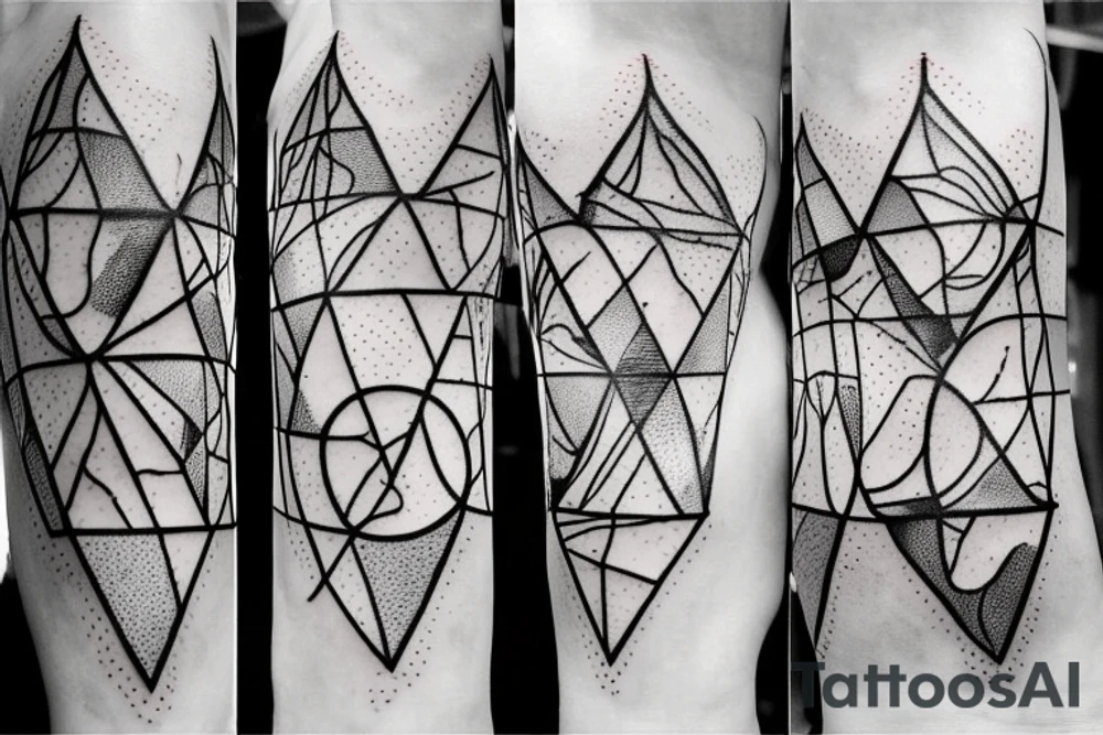 Broken Glas pieces with rough edges and melting flowing metal which burns of the heat, which looks like honey. Also triangles and circles which are deformed by the heat and the edges seem to melt but everything connected tattoo idea