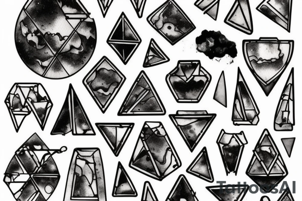 Broken Glas pieces with rough edges and melting flowing metal which burns of the heat, which looks like honey. Also triangles and circles which are deformed by the heat and the edges seem to melt but everything connected tattoo idea