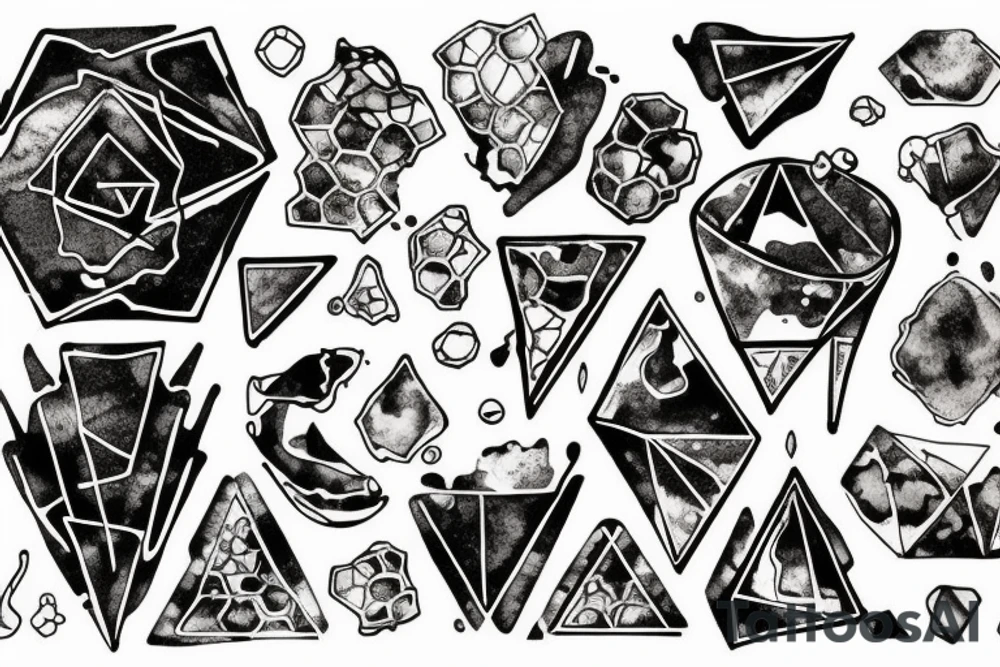 Broken Glas pieces with rough edges and melting flowing metal which burns of the heat, which looks like honey. Also triangles and circles which are deformed by the heat and the edges seem to melt but everything connected tattoo idea