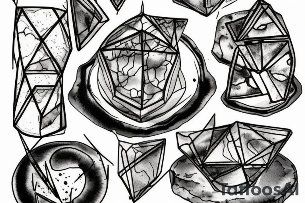 Broken Glas pieces with rough edges and melting flowing metal which burns of the heat, which looks like honey. Also triangles and circles which are deformed by the heat and the edges seem to melt but everything connected tattoo idea