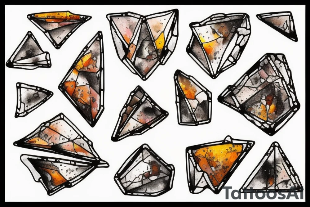 Broken Glas pieces with rough edges and melting flowing metal which burns of the heat, which looks like honey. Also triangles and circles which are deformed by the heat and the edges seem to melt but everything connected tattoo idea