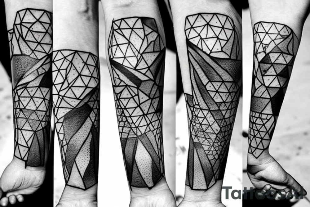 Broken Glas pieces with rough edges and melting flowing metal which burns of the heat, which looks like honey. Also triangles and circles which are deformed by the heat and the edges seem to melt but everything connected tattoo idea