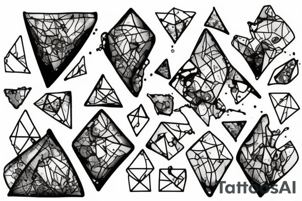 Broken Glas pieces with rough edges and melting flowing metal which burns of the heat, which looks like honey. Also triangles and circles which are deformed by the heat and the edges seem to melt but everything connected tattoo idea