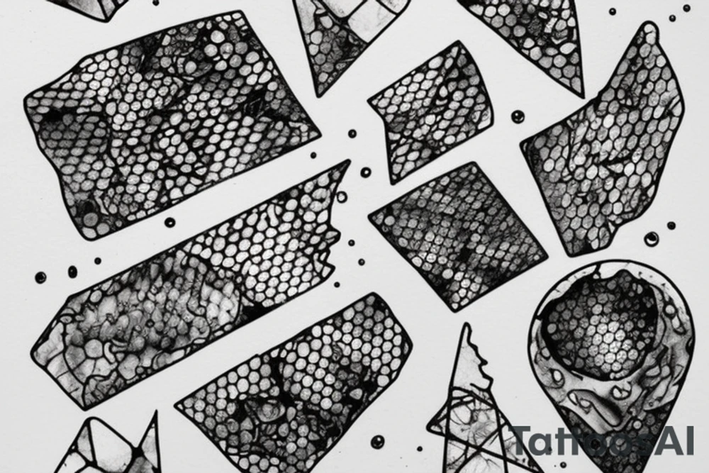 Broken Glas pieces with rough edges and melting flowing metal which burns of the heat, which looks like honey. Also triangles and circles which are deformed by the heat and the edges seem to melt but everything connected. Everything in a format of 5*2 tattoo idea