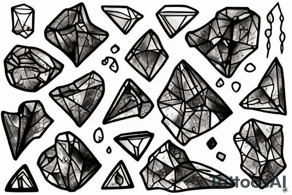 Broken Glas pieces with rough edges and melting flowing metal which burns of the heat, which looks like honey. Also triangles and circles which are deformed by the heat and the edges seem to melt but everything connected. Everything in a format of 5*2 tattoo idea