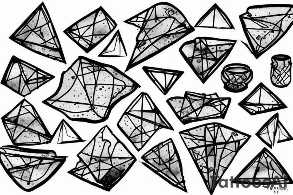 Broken Glas pieces with rough edges and melting flowing metal which burns of the heat, which looks like honey. Also triangles and circles which are deformed by the heat and the edges seem to melt but everything connected. Everything in a format of 5*2 tattoo idea