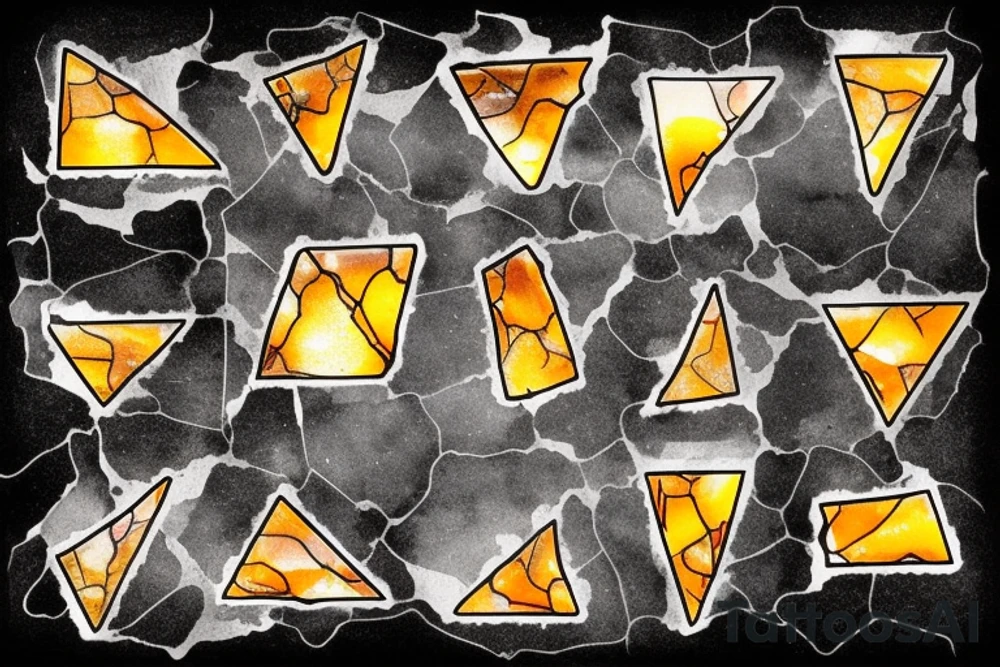 Broken Glas pieces with rough edges and melting flowing metal which burns of the heat, which looks like honey. Also triangles and circles which are deformed by the heat and the edges seem to melt but everything connected. Everything in a format of 5*2 tattoo idea