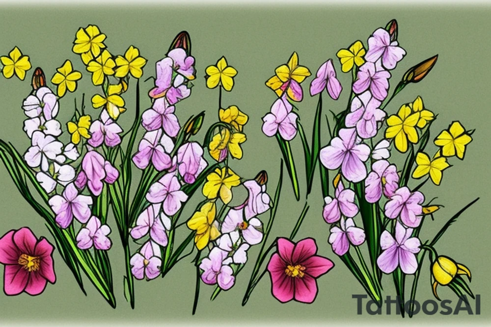 Six flowers in a garden. Three raised above: honeysuckle, daffodil, and poppy; three a little bit lower/shorter: gladiolus with Brady written in cursive down the stem, lily of the valley with Vera written in cursive down the stem, and rose with Elizabeth written in cursive down the stem tattoo idea