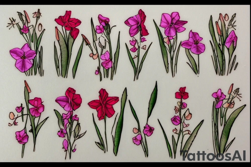 Six flowers in a garden. Three raised above: honeysuckle, daffodil, and poppy; three a little bit lower/shorter: gladiolus with Brady written in cursive down the stem, lily of the valley with Vera written in cursive down the stem, and rose with Elizabeth written in cursive down the stem tattoo idea