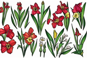 Six flowers in a garden. Three raised above: honeysuckle, daffodil, and poppy; three a little bit lower/shorter: gladiolus, lily of the valley, and rose. tattoo idea