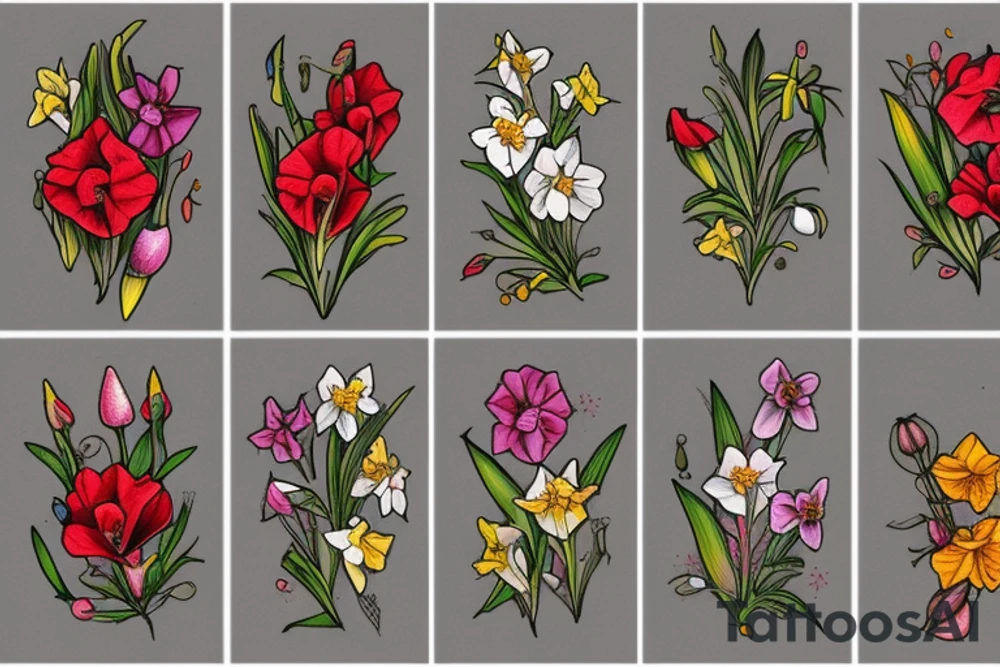 Six flowers in a garden. Three raised above: honeysuckle, daffodil, and poppy; three a little bit lower/shorter: gladiolus, lily of the valley, and rose. tattoo idea