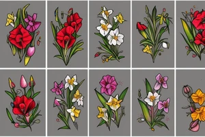 Six flowers in a garden. Three raised above: honeysuckle, daffodil, and poppy; three a little bit lower/shorter: gladiolus, lily of the valley, and rose. tattoo idea