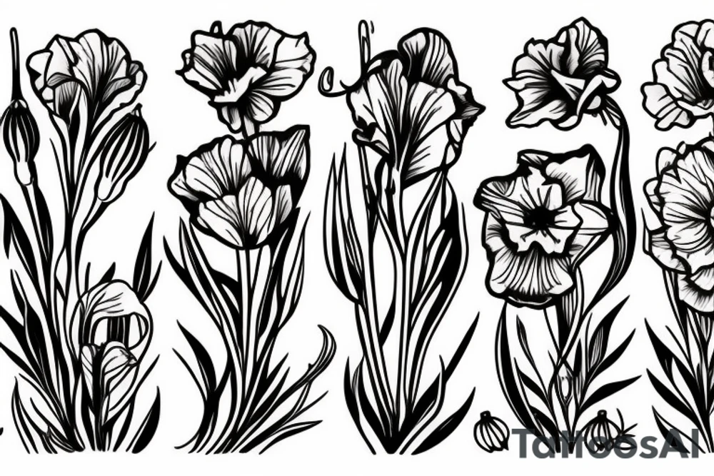 Three flowers in a row honeysuckle, daffodil, and poppy. three flowers in a lower row. gladiolus, lily of the valley, and rose. tattoo idea