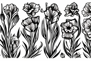 Three flowers in a row honeysuckle, daffodil, and poppy. three flowers in a lower row. gladiolus, lily of the valley, and rose. tattoo idea