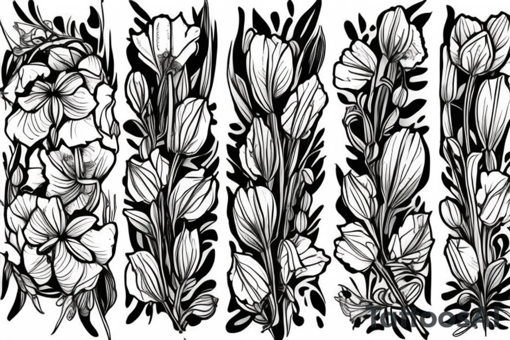 Three flowers in a row honeysuckle, daffodil, and poppy. three flowers in a lower row. gladiolus, lily of the valley, and rose. tattoo idea
