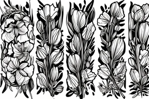 Three flowers in a row honeysuckle, daffodil, and poppy. three flowers in a lower row. gladiolus, lily of the valley, and rose. tattoo idea