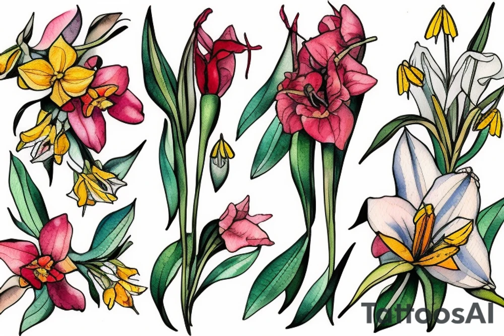 honeysuckle and daffodil and poppy, gladiolus and lily of the valley and rose. tattoo idea