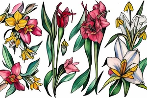 honeysuckle and daffodil and poppy, gladiolus and lily of the valley and rose. tattoo idea