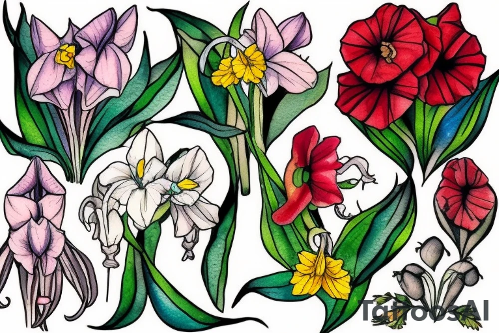 honeysuckle and daffodil and poppy, gladiolus and lily of the valley and rose. tattoo idea