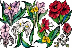 honeysuckle and daffodil and poppy, gladiolus and lily of the valley and rose. tattoo idea