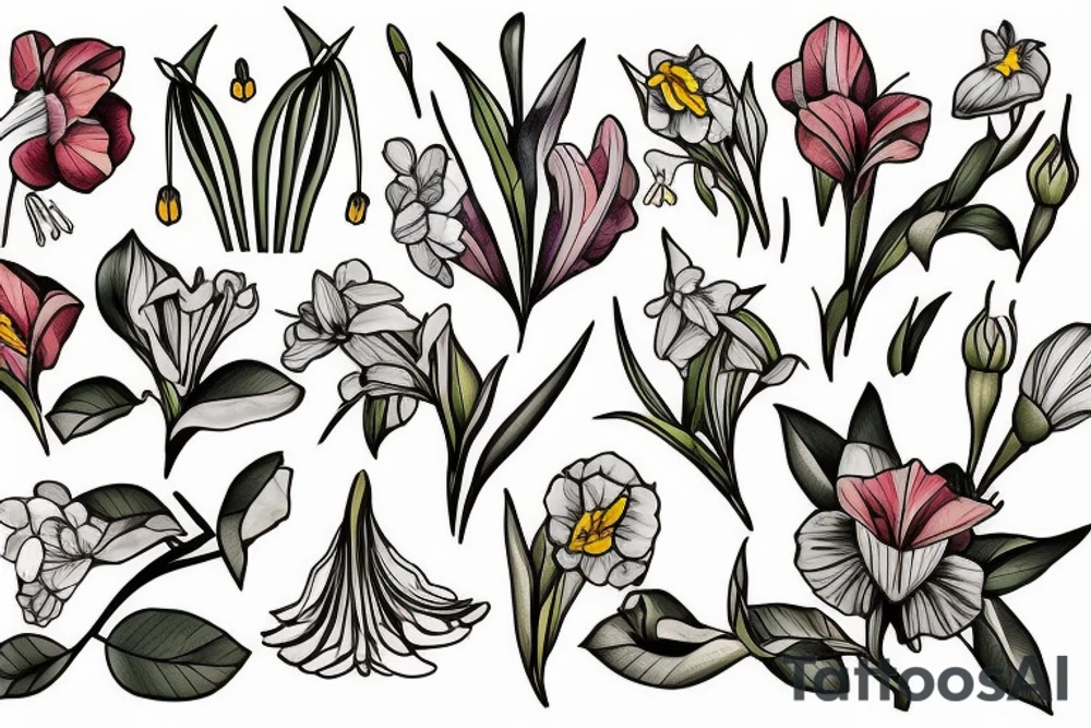 honeysuckle and daffodil and poppy, gladiolus and lily of the valley and rose. tattoo idea