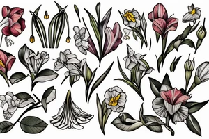 honeysuckle and daffodil and poppy, gladiolus and lily of the valley and rose. tattoo idea