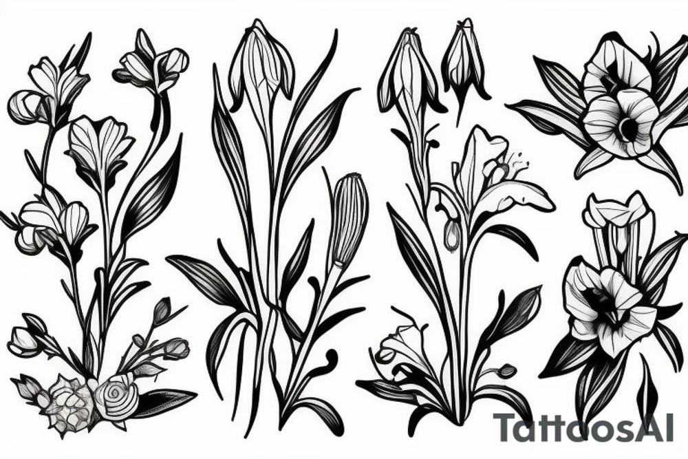 honeysuckle and daffodil and poppy, gladiolus and lily of the valley and rose. tattoo idea